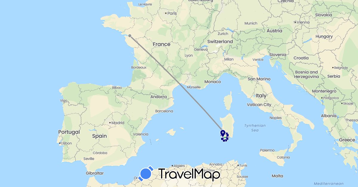 TravelMap itinerary: driving, bus, plane in France, Italy (Europe)